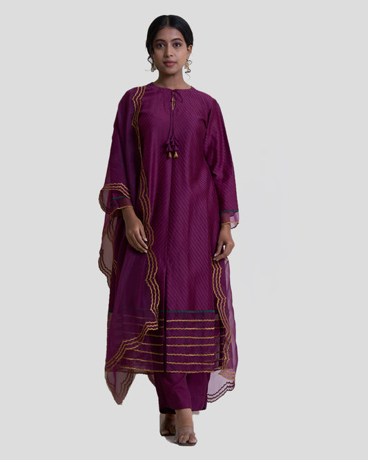 Wine Pintuck Straight Kurta Set