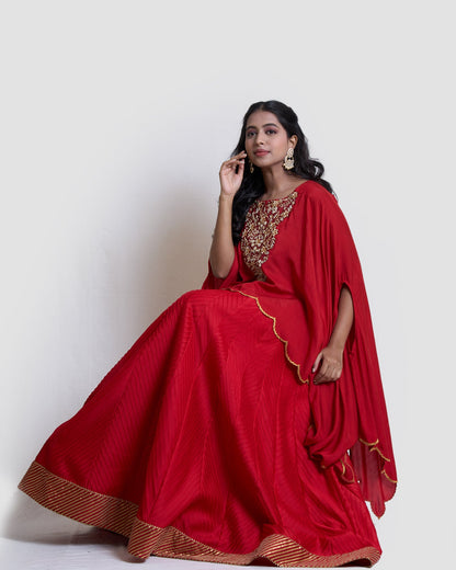 Red pintucks lehanga with cape set