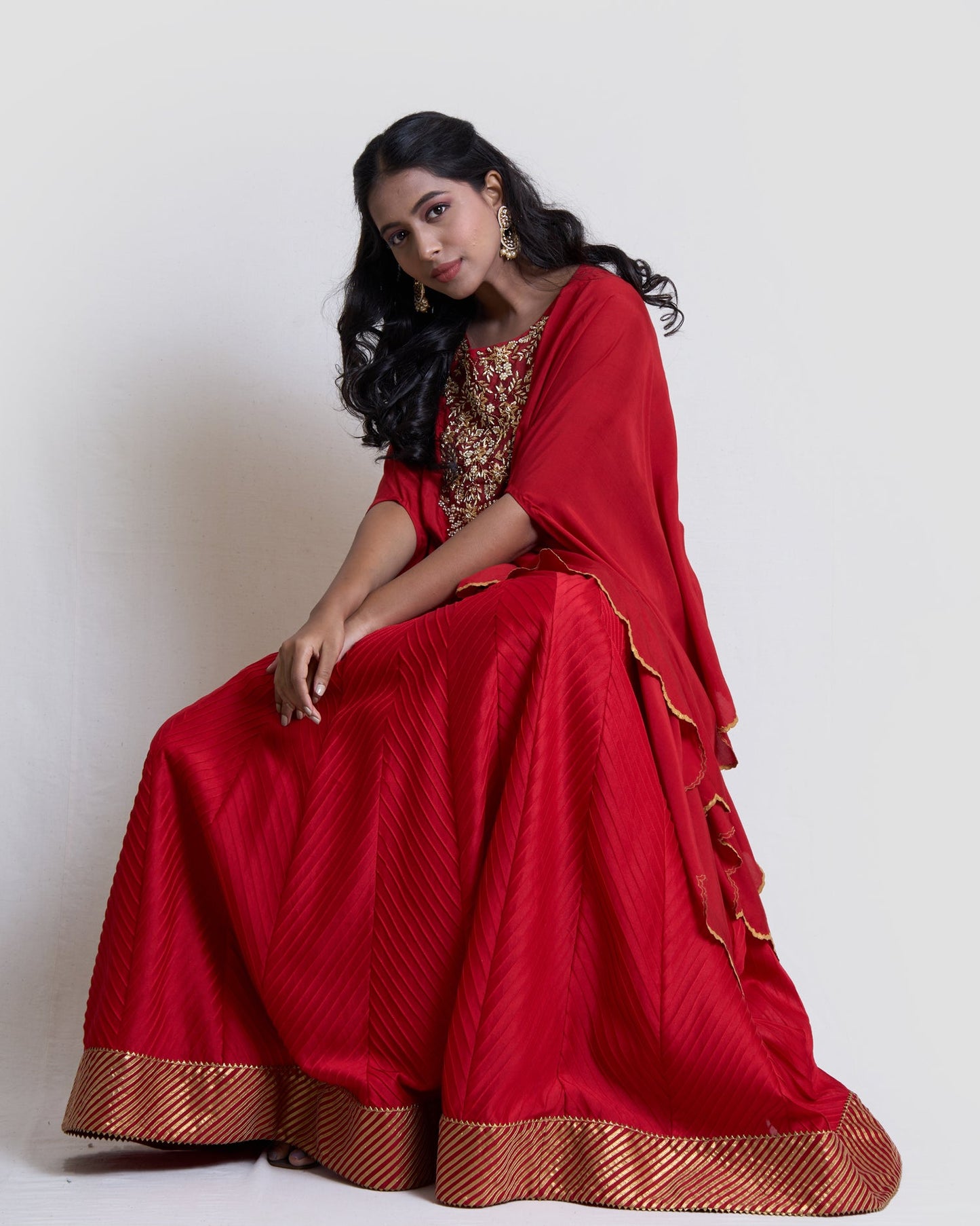 Red pintucks lehanga with cape set