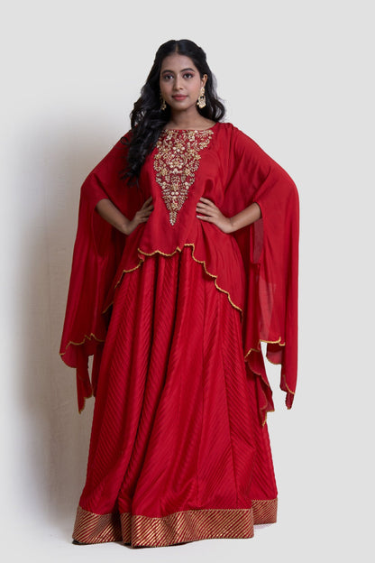 Red Pintucks Lehanga with Cape Set