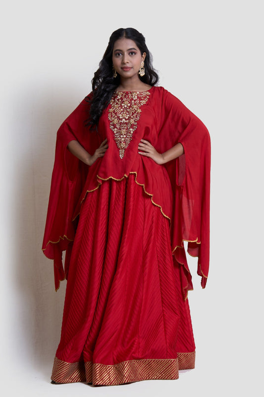 Red Pintucks Lehanga with Cape Set
