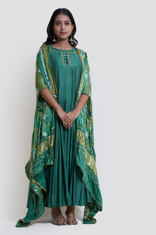 Green Kalidar with Gajji Silk Bandhni Cape