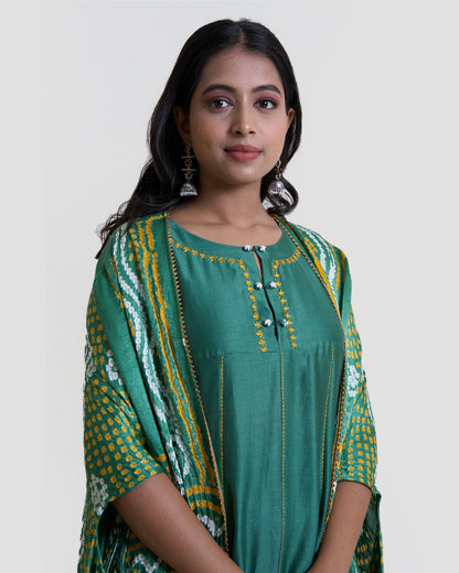 Green Kalidar with Gajji Silk Bandhni Cape