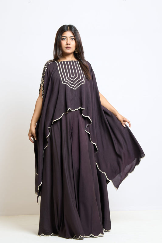 Blackish Wine Flared Divided Skirt and Cape Set
