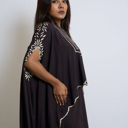Blackish wine flared divided skirt and cape set