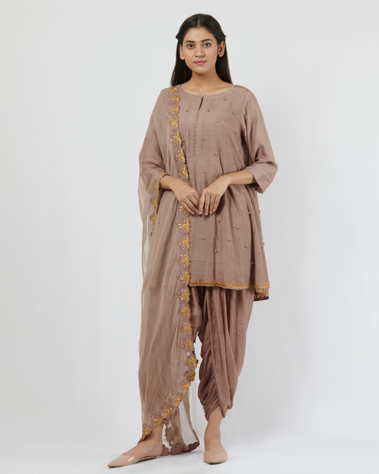 Taupe kurta dhoti pants set with dupatta