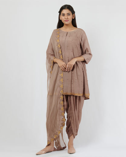 Taupe kurta dhoti pants set with dupatta