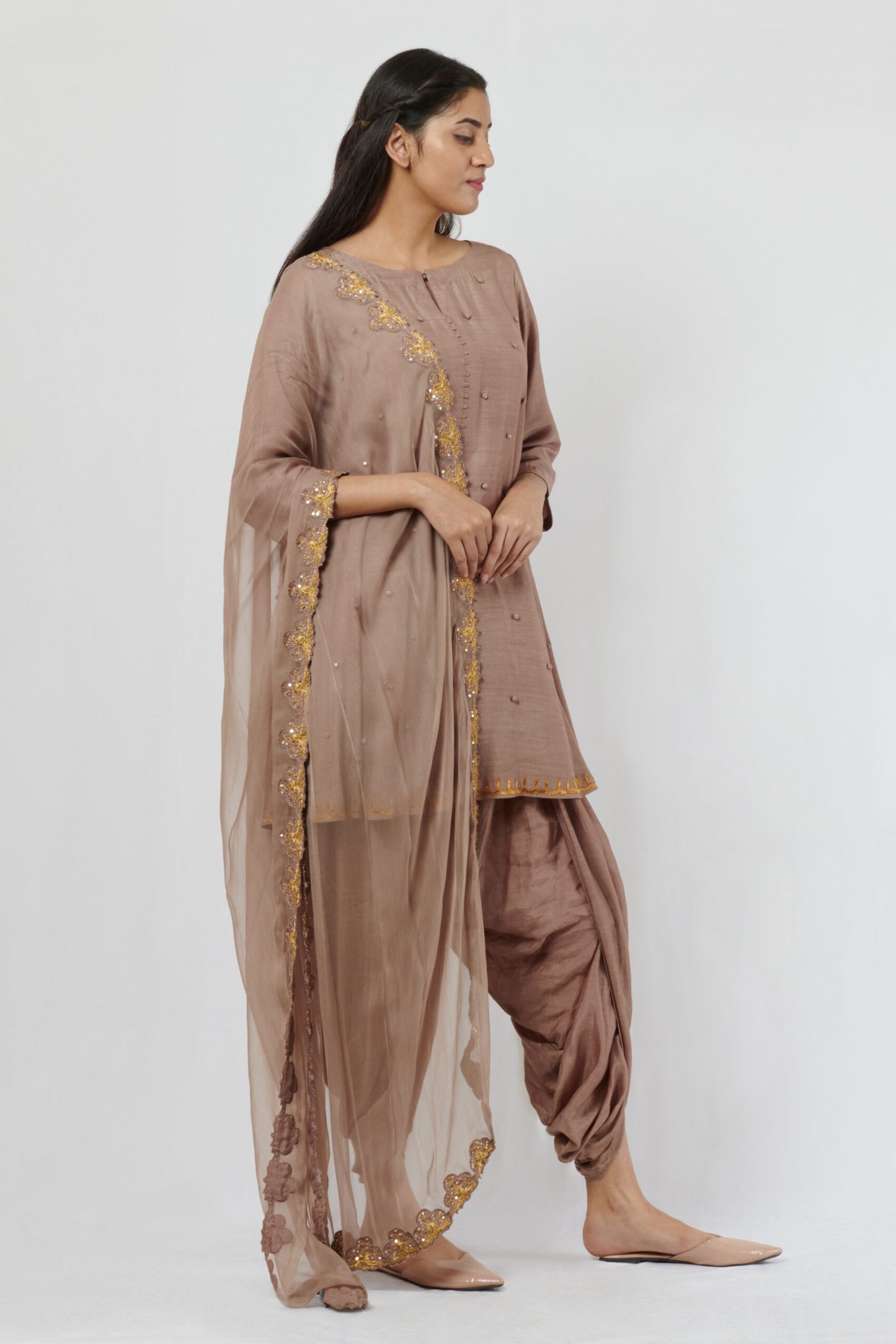Taupe kurta dhoti pants set with dupatta