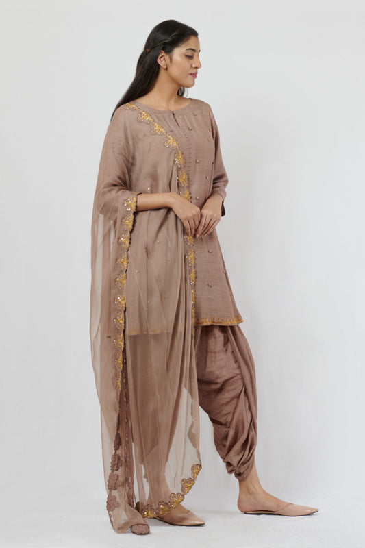 Taupe kurta dhoti pants set with dupatta