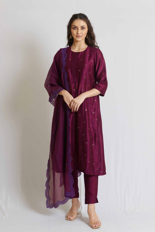 Wine Chanderi Kurta Set