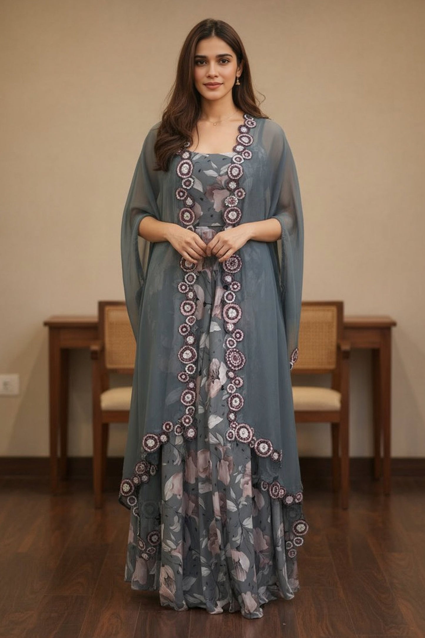 Grey Bloom Printed Cape Set