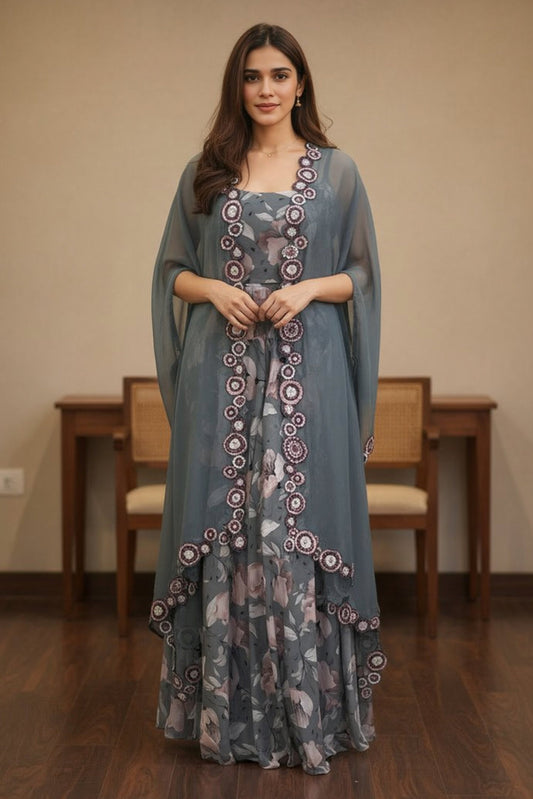 Grey Bloom Printed Cape Set