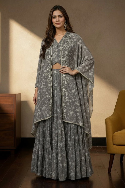 Grey Bloom Skirt Set