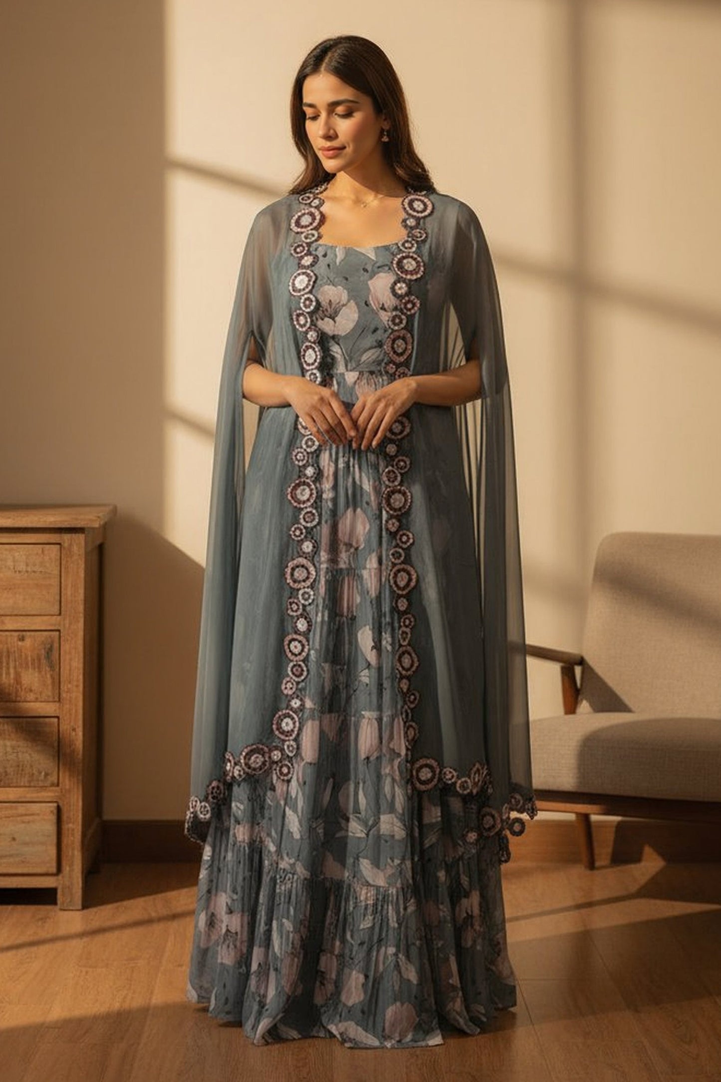 Grey Floral Printed Cape Set