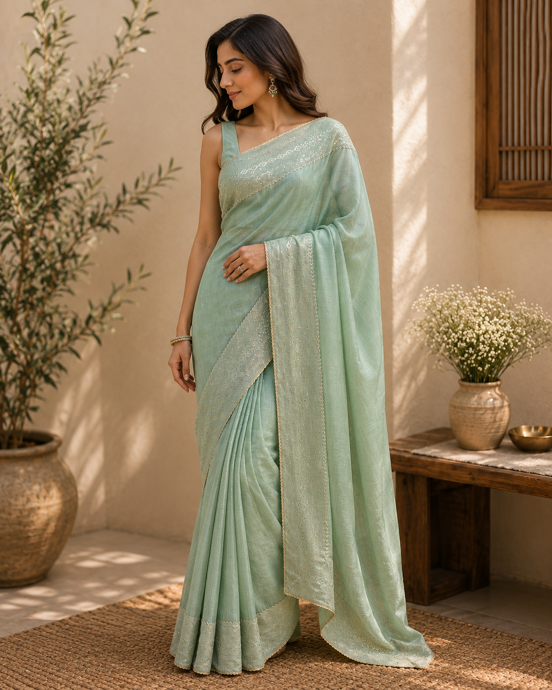 Noorani blue Mukash Tissue Chanderi Sari