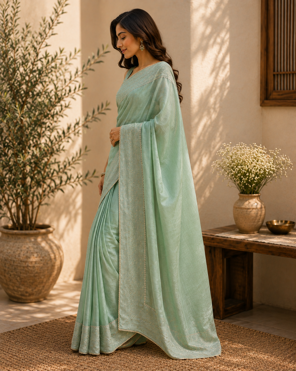 Noorani blue Mukash Tissue Chanderi Sari