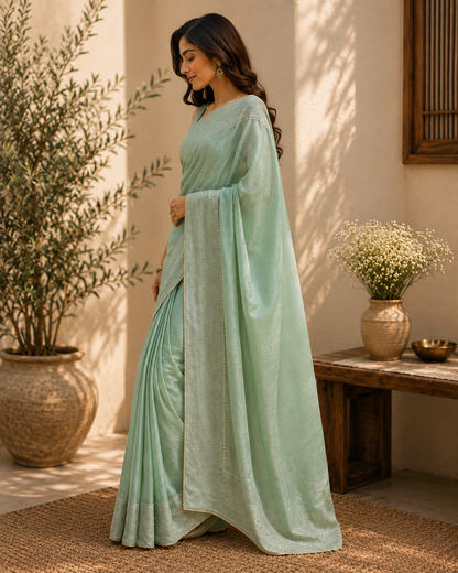 Noorani blue Mukash Tissue Chanderi Sari