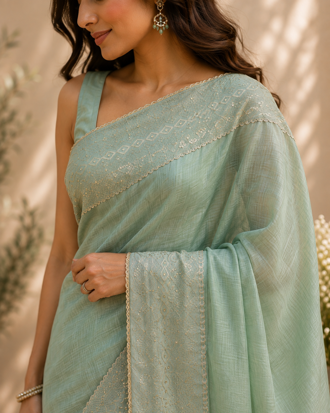 Noorani blue Mukash Tissue Chanderi Sari