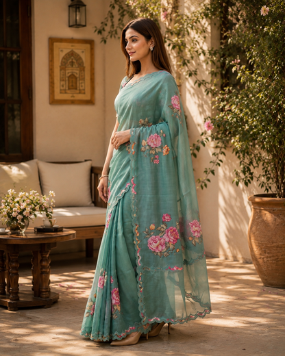 Aster Bloom Muslin Sari