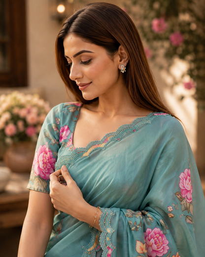 Aster Bloom Muslin Sari