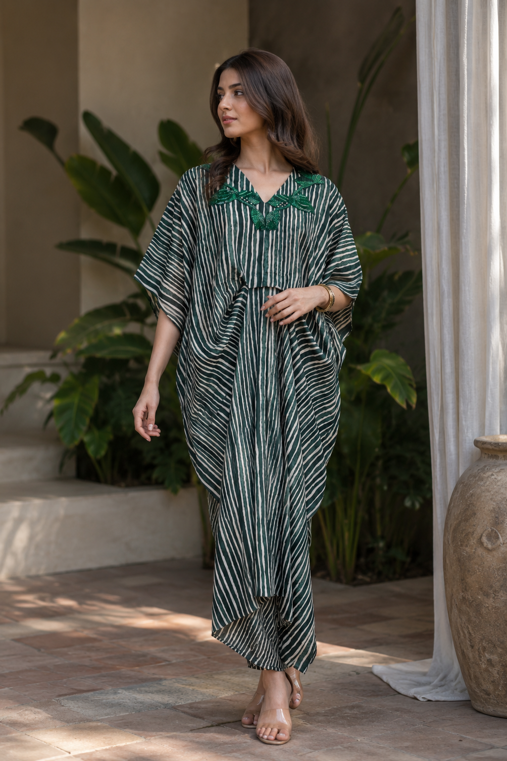 Emerald Stripe Drape Kaftan