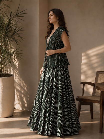 Emerald Stripe Embroidered Jacket Set