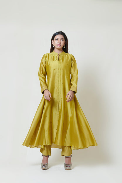 Olive Centre Slit Kurta and Pants Set