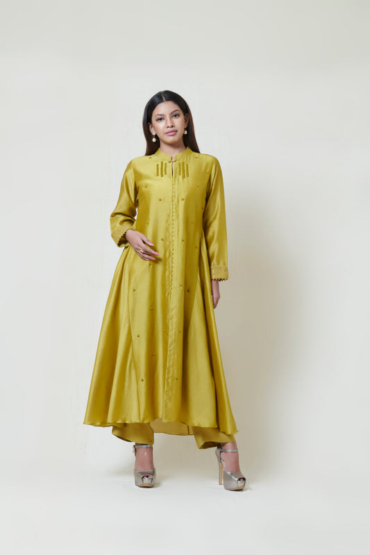 Olive Centre Slit Kurta and Pants Set