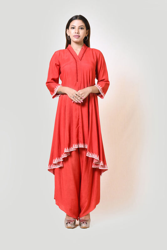 Red Tunic with Drape Pants Set
