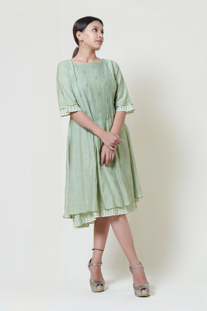 Soft Mint Kora Chanderi Layered Dress