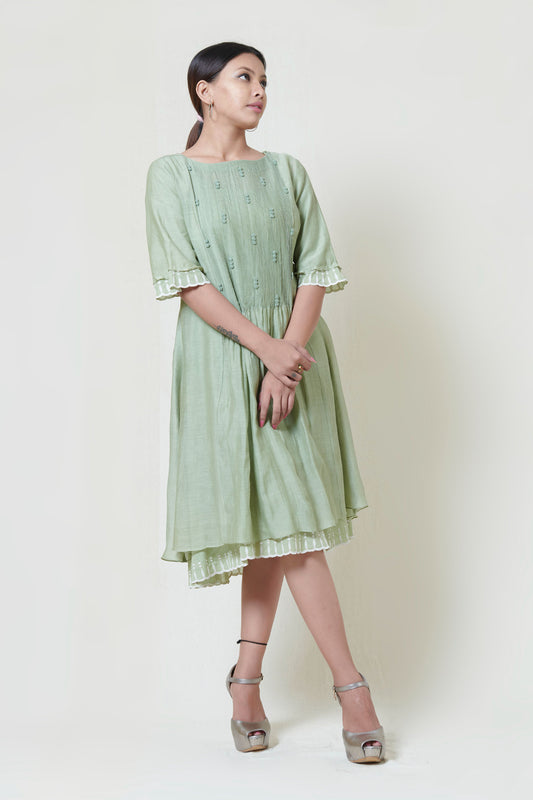 Soft Mint Kora Chanderi Layered Dress