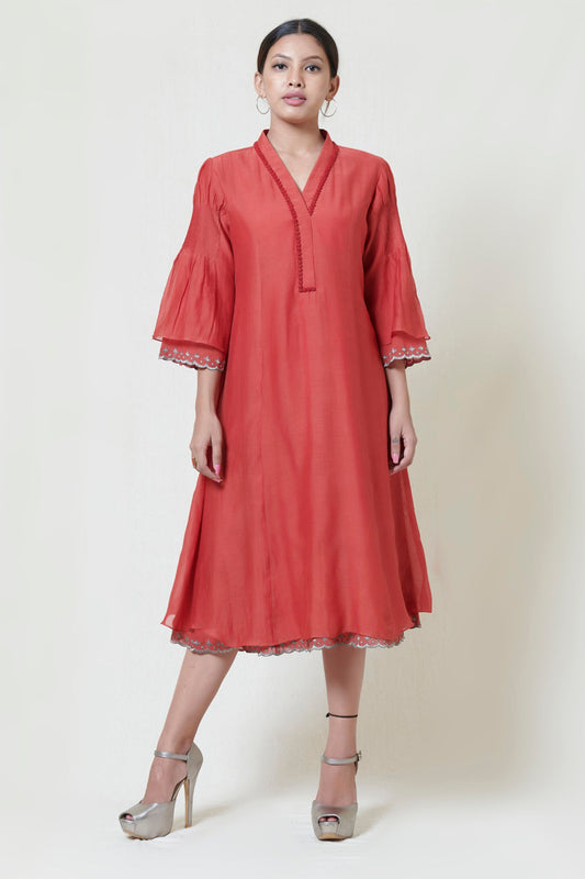 Chilli Red Kora Chanderi Layered Dress