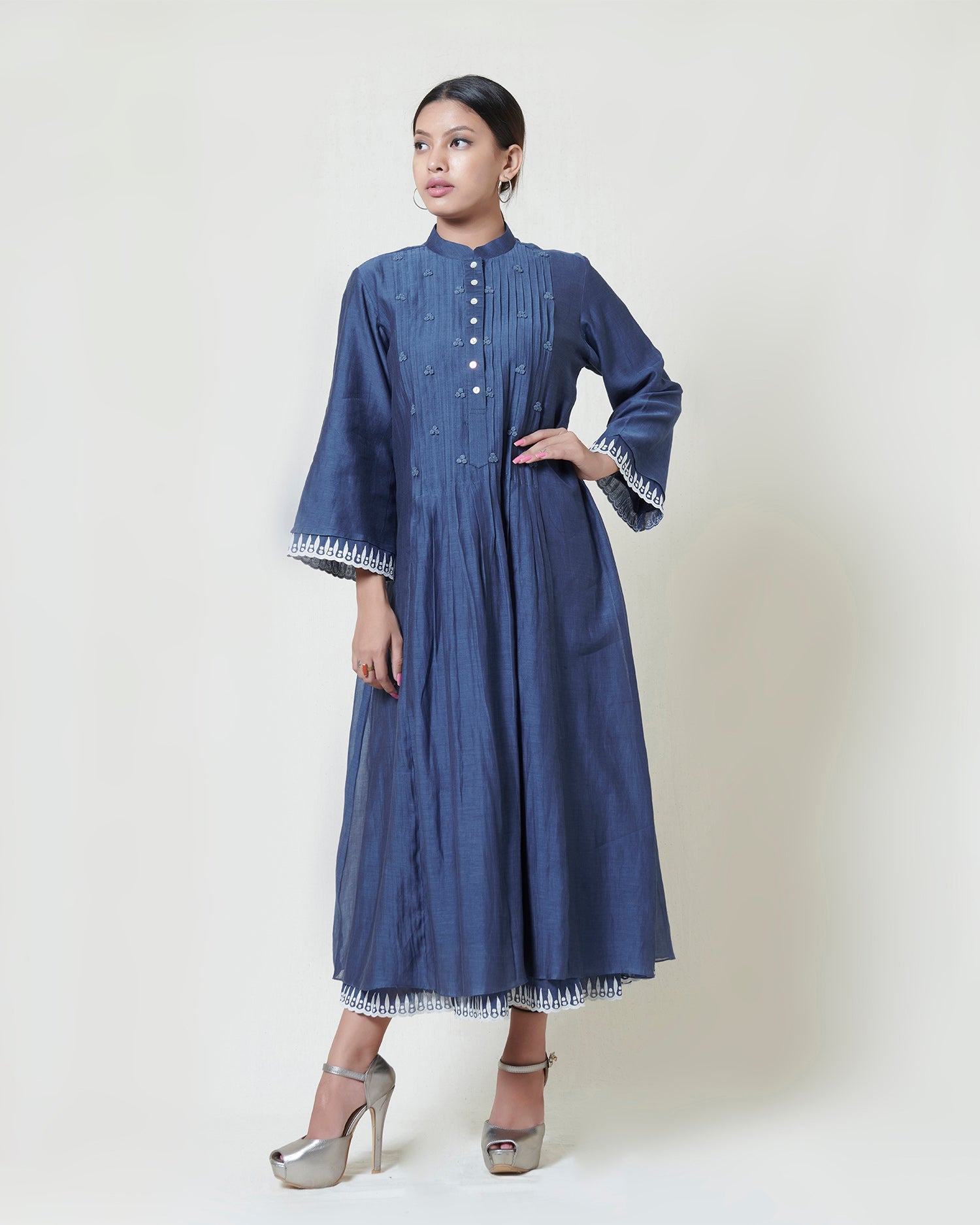 Indigo blue kora chanderi layered long dress