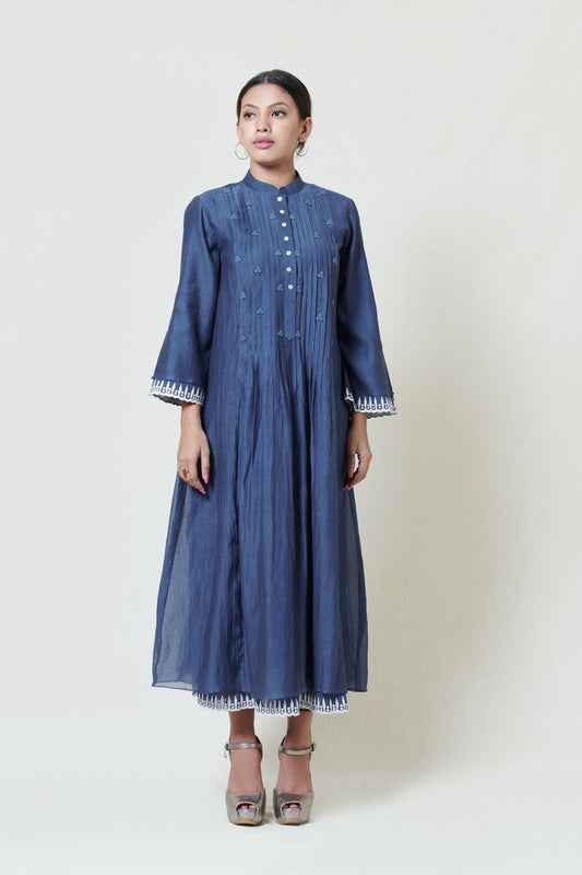 Indigo Blue Kora Chanderi Layered Long Dress