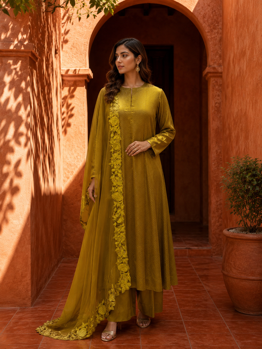 Olive Gold Floral Elegance Suit Set