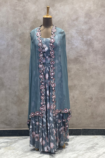 Grey Floral Printed Cape Set