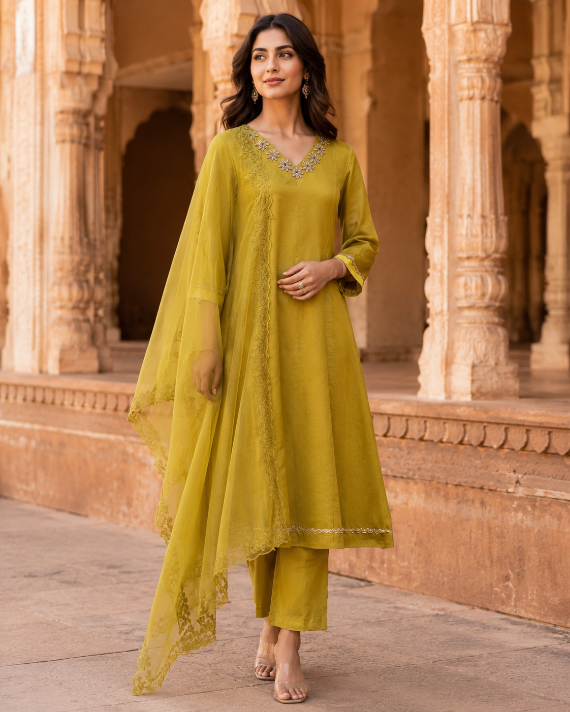 Green linen satin kurta set