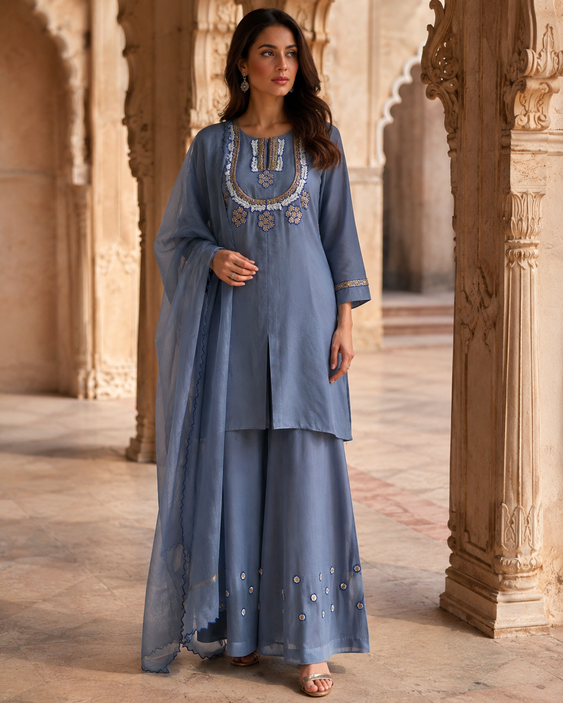 Grey linen satin kurta set