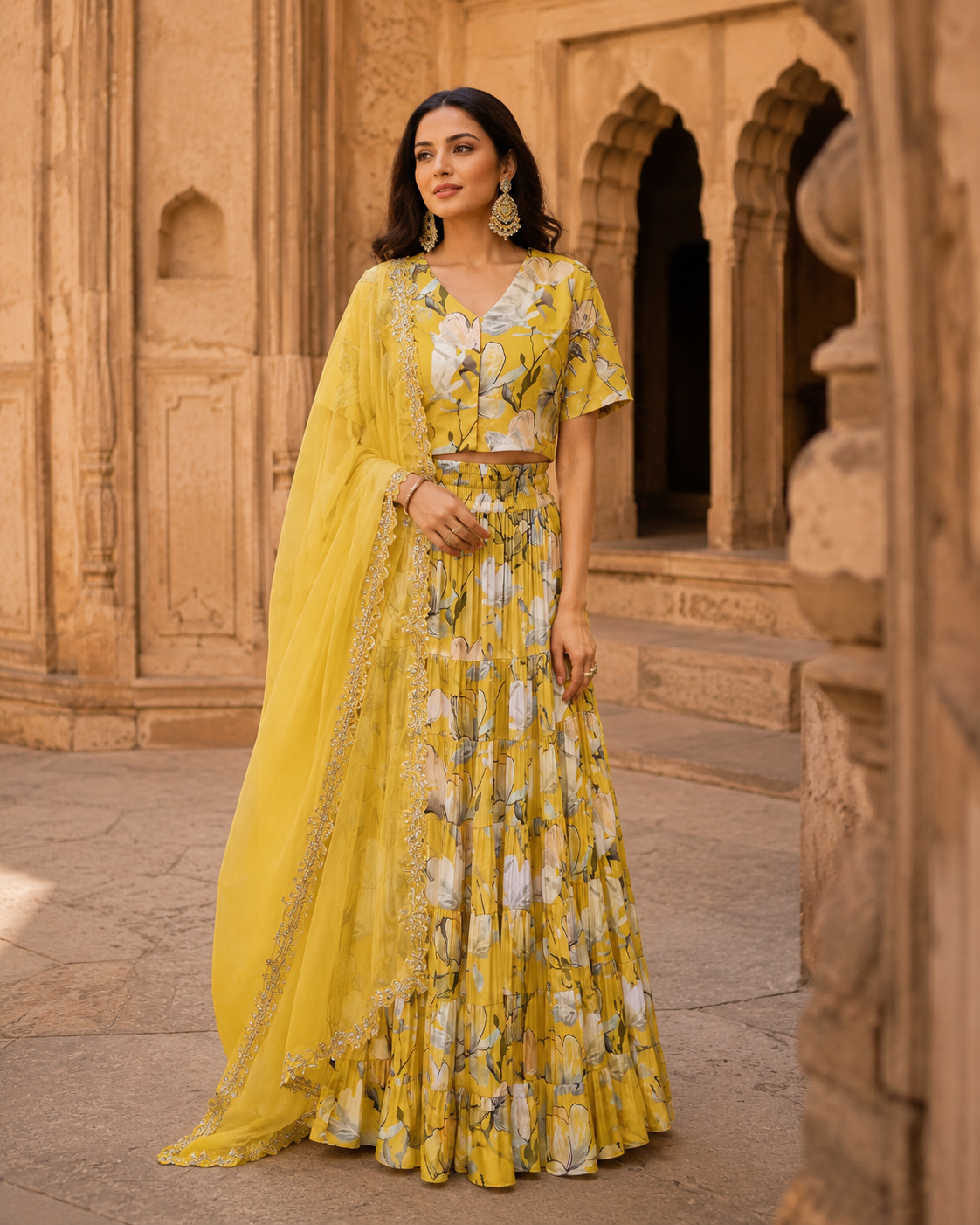 Yellow floral gazzing skirt set