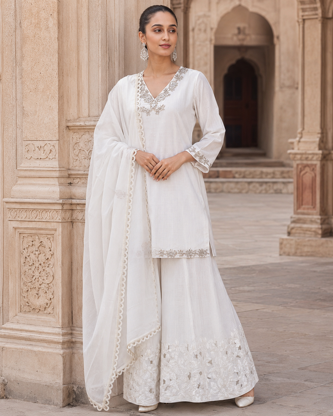Ivory mullmull zari sharara set