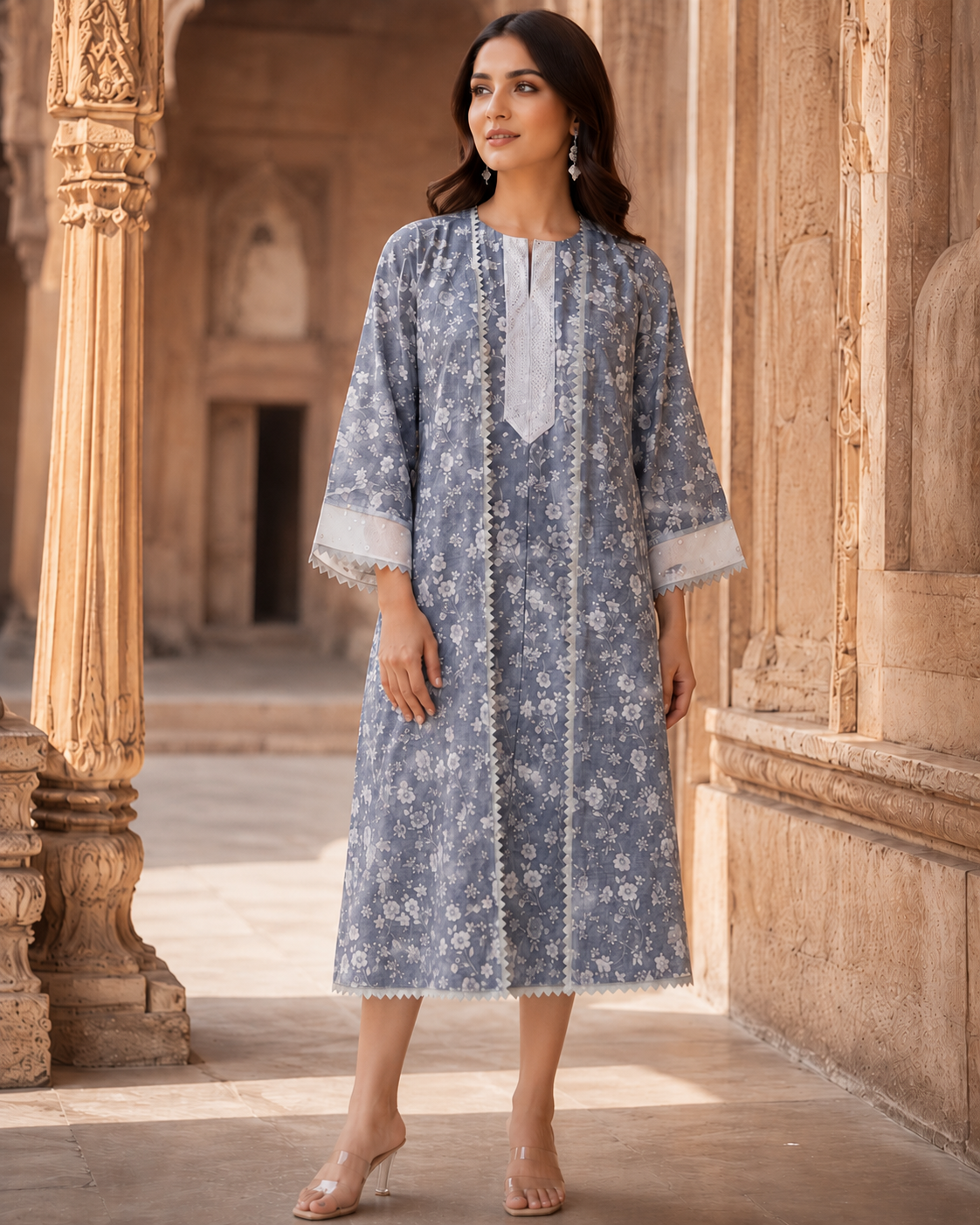 Blue Mist Floral A-Line Kurta
