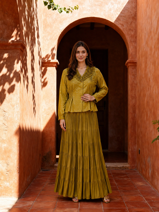 Mustard yellow Tiered Lehenga Set