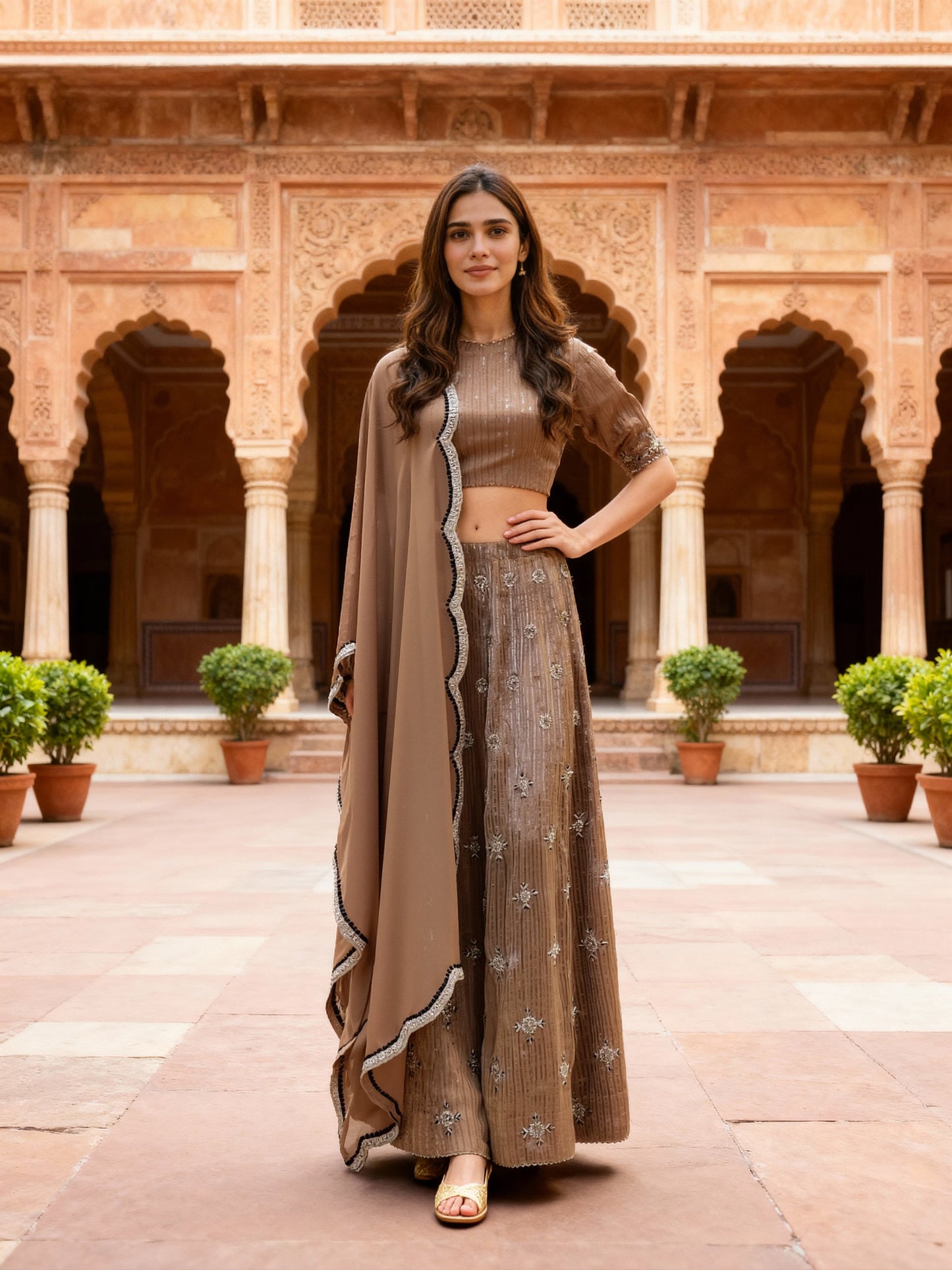 Beige Embellished Lehenga Set