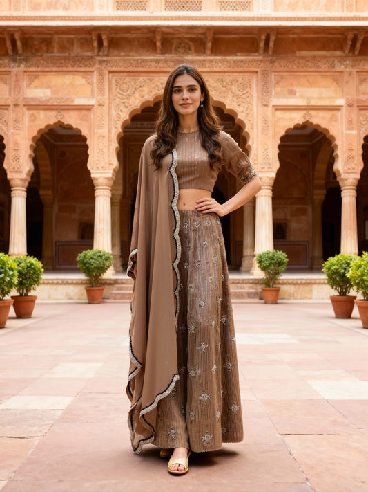 Beige Embellished Lehenga Set