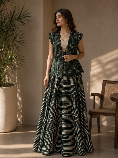Emerald Stripe Embroidered Jacket Set