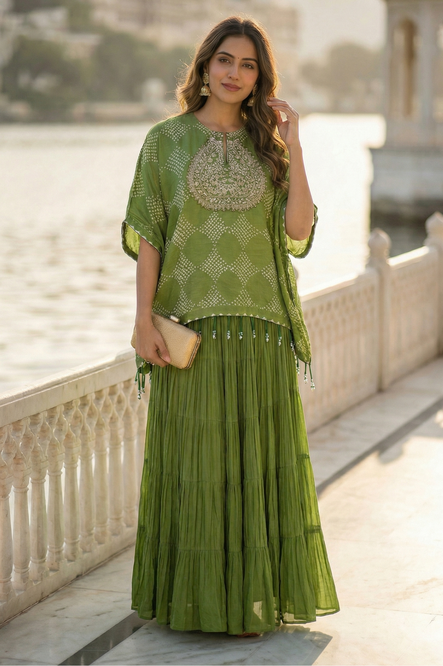 Mehendi green Bandhani kaftan set