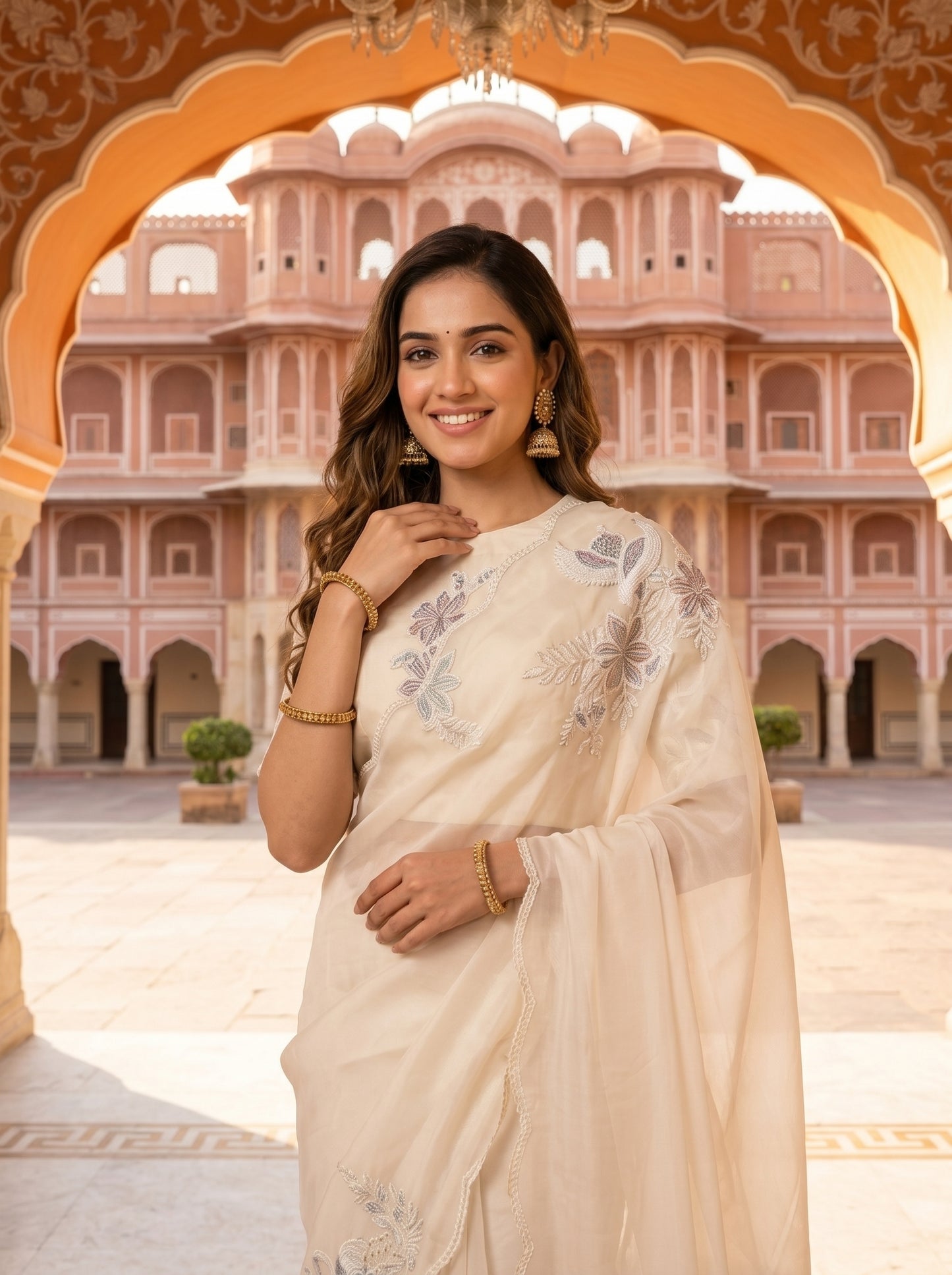 Ivory Flamingo Chanderi Sari
