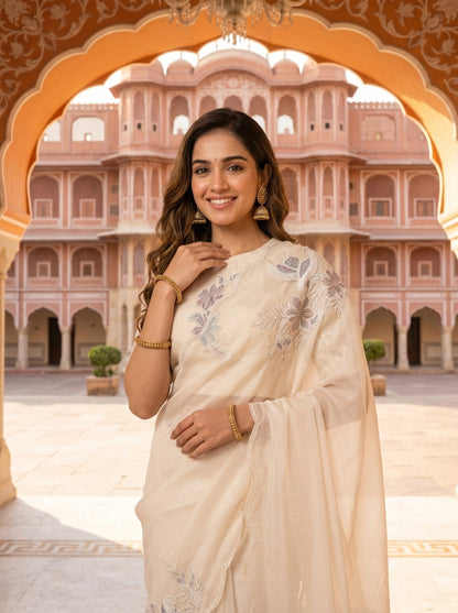 Ivory Flamingo Chanderi Sari