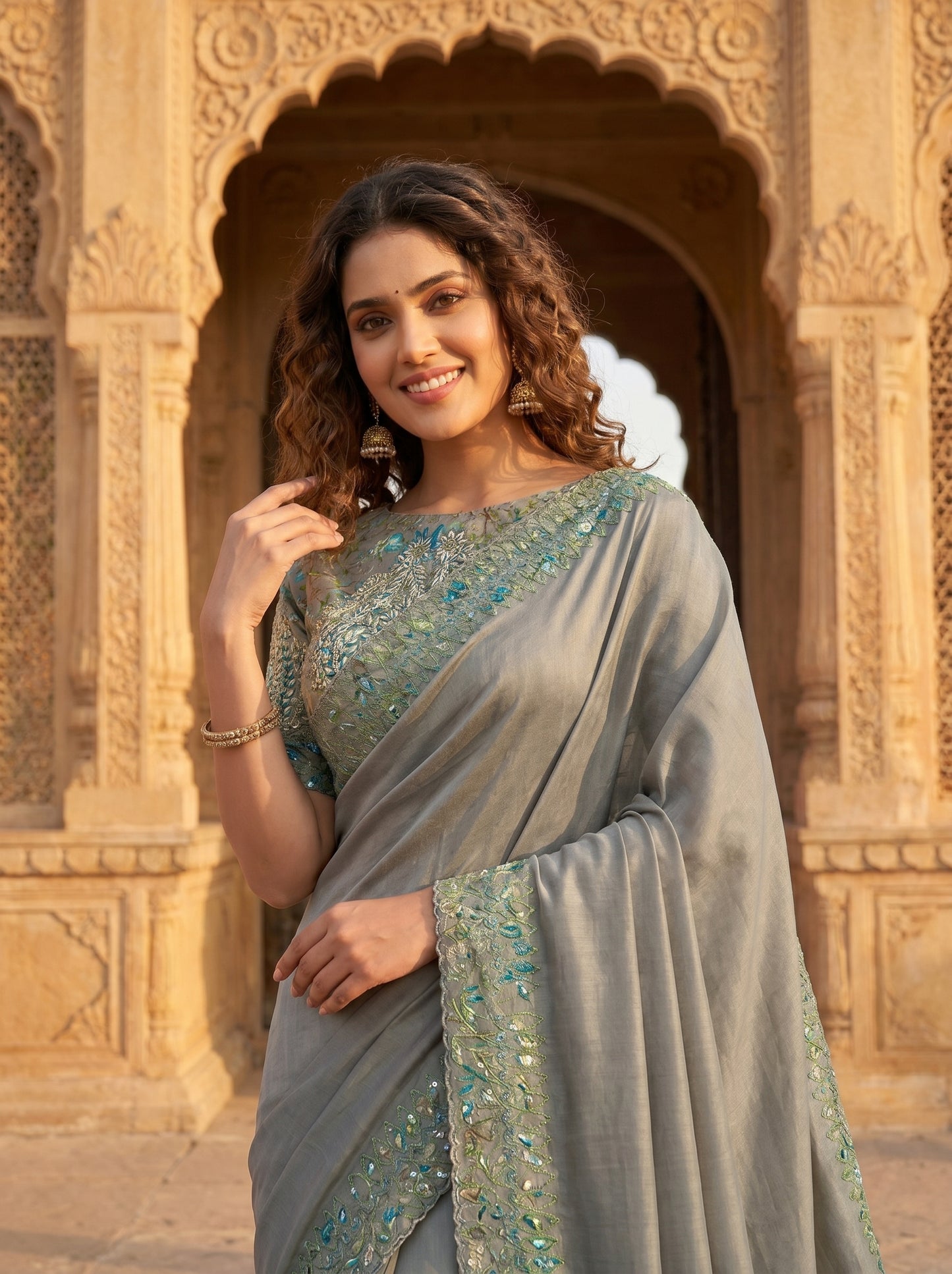 Sage Bloom Muslin Sari