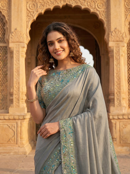 Sage Bloom Muslin Sari